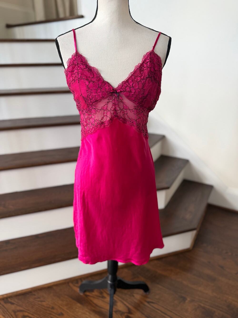 SilkSilky Hot Pink Black Floral Lace Baby Doll Slip Open Back Nighty Whimsygoth